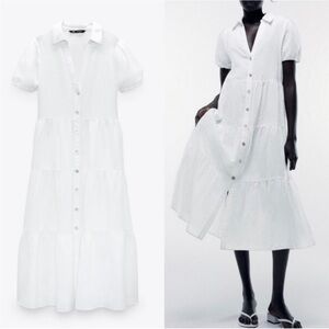 Zara White Button-Front Tiered Midi Dress